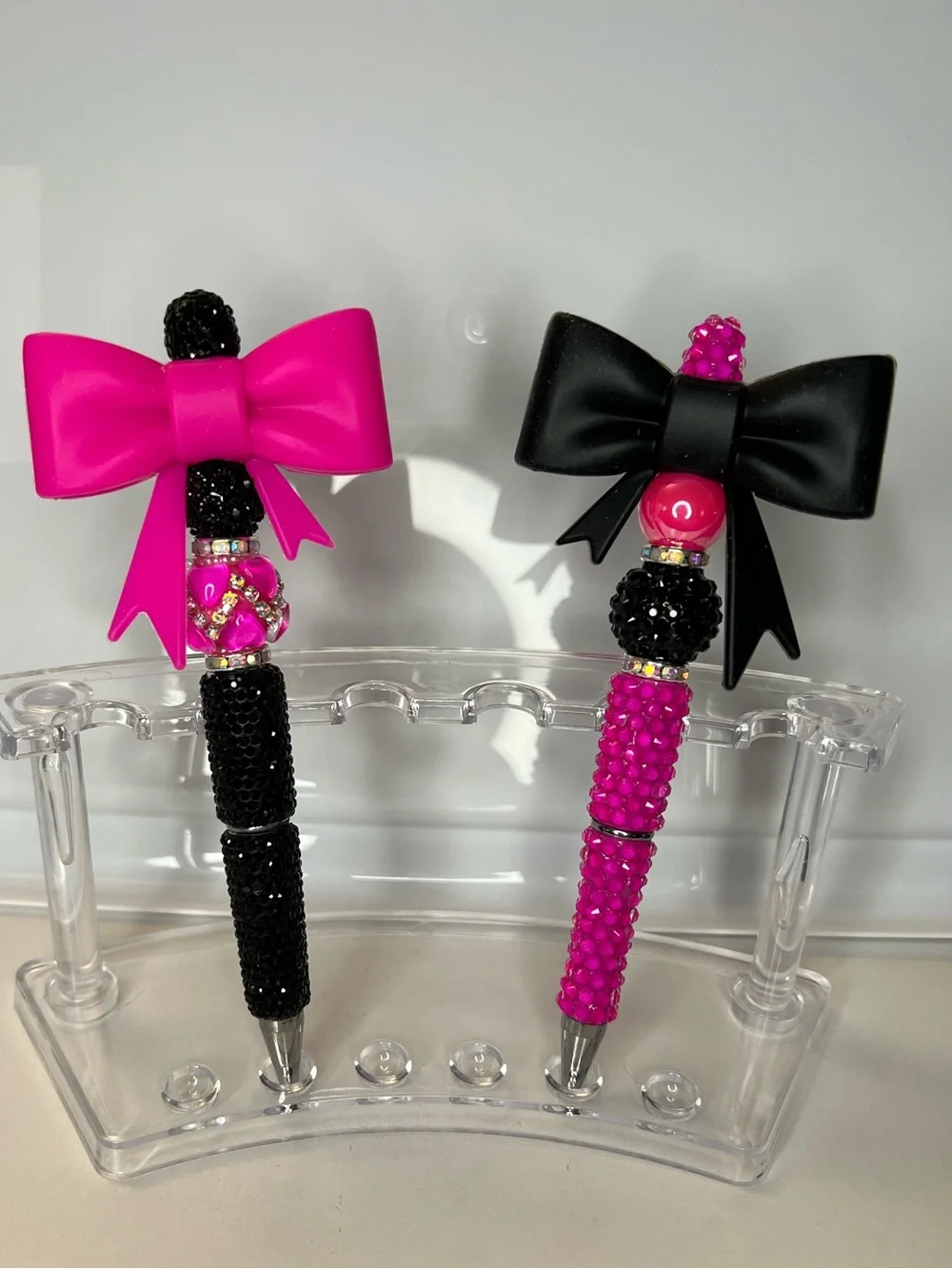 Set of Two Bow Beaded Pens - Pink & Black